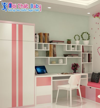 Mẫu bàn học màu hồng dễ thương cho bé